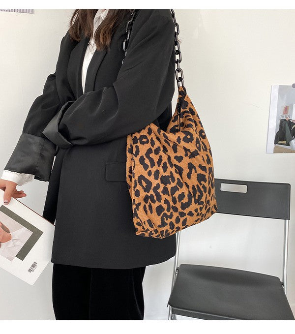Leopard Print Corduroy Shoulder Tote with Chain Strap