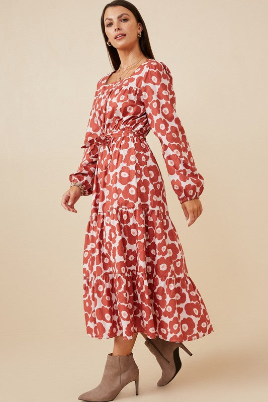 Women's Bold Floral Print Belted Square Neck Dress