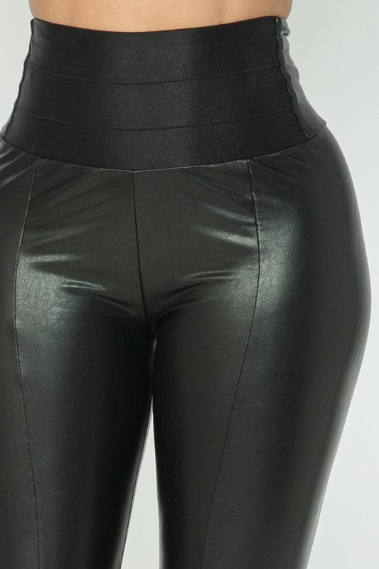 Women's Black Faux Leather Wide Waist Band Pants