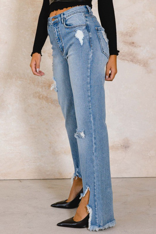 Women’s High Rise Distressed Wide Leg Jeans