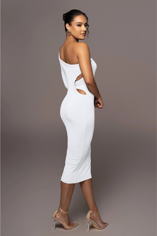 Women's White Slanted Shoulder Slim Single Sleeve Dresses