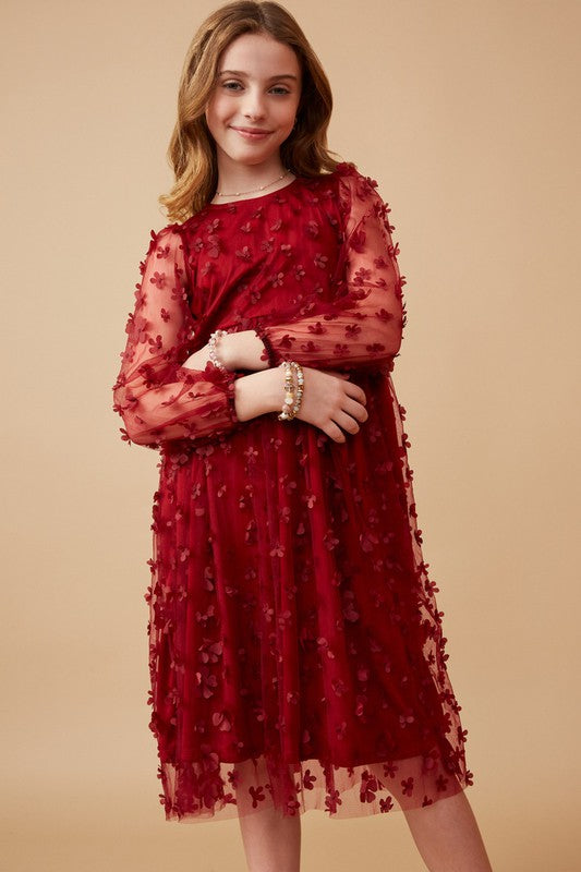Girls Floral Applique Long Sleeve Embroidered Mesh Dress