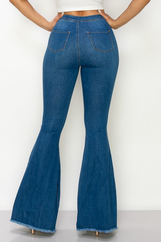 Women's High Waisted Indigo Blue Stretchy Distressed Flare Denim Jeans