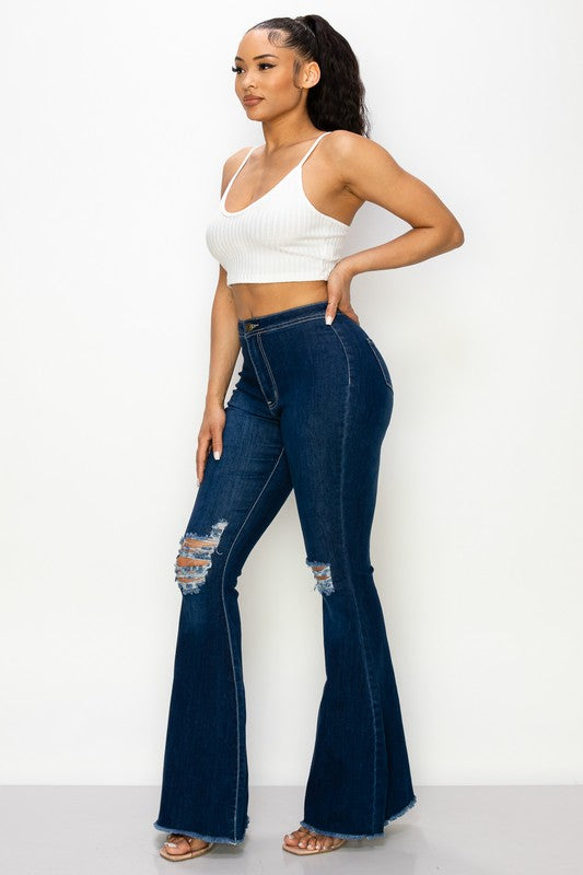 Women's High Waisted Dark Blue Stretchy Distressed Flare Denim Jeans