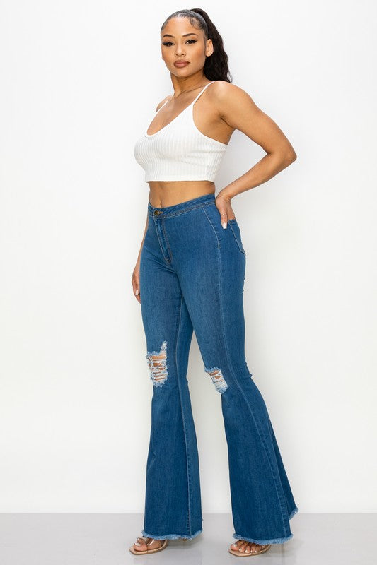 Women's High Waisted Indigo Blue Stretchy Distressed Flare Denim Jeans