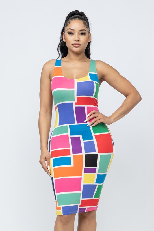 Women's Color Blocked Print Bodycon Tank Midi Dress