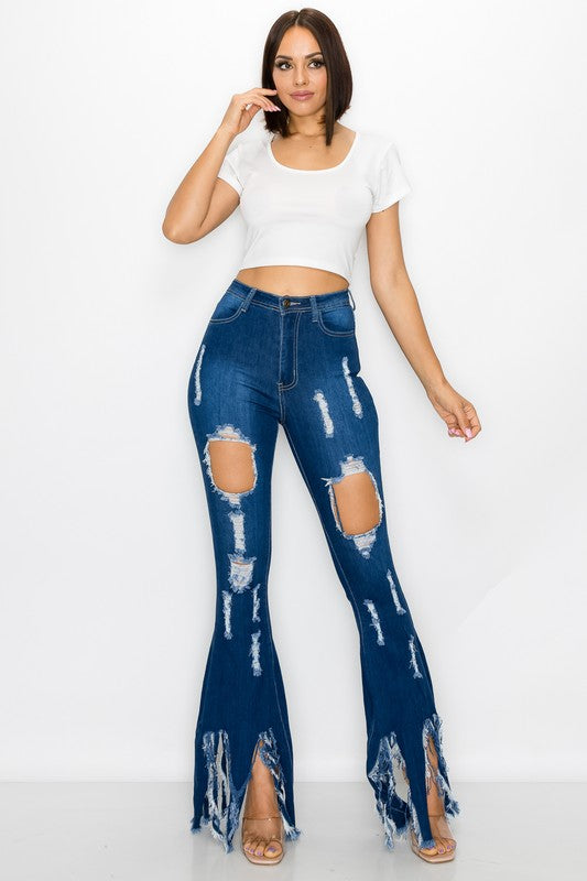 Women's High Waisted Distressed Bell Bottom Fringe Jeans