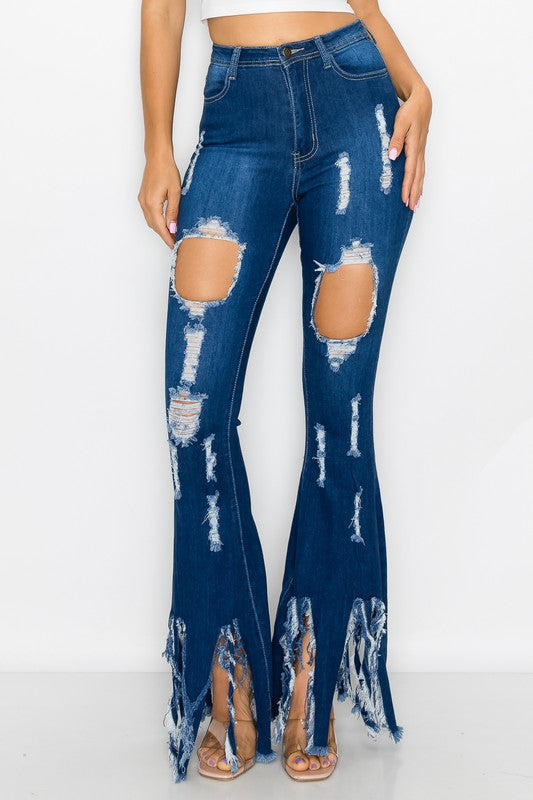 Women's High Waisted Distressed Bell Bottom Fringe Jeans