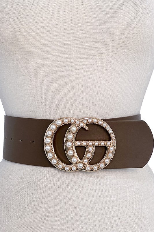CG Faux Leather Pearl Buckle Accent Fashion Belt