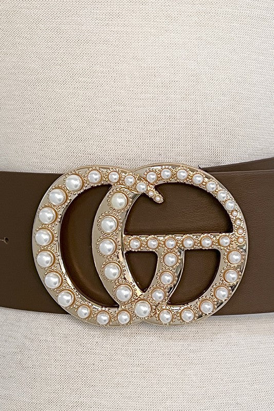 CG Faux Leather Pearl Buckle Accent Fashion Belt