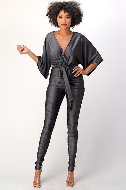 Women's V-neck Tie Shiny Jumpsuit