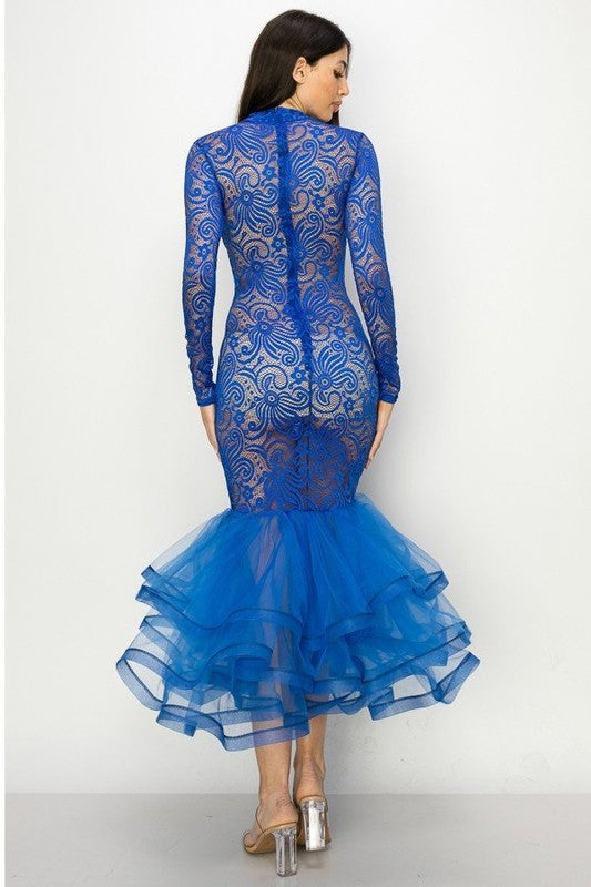 Women's Royal Blue Ruffled Lace Mermaid Dress