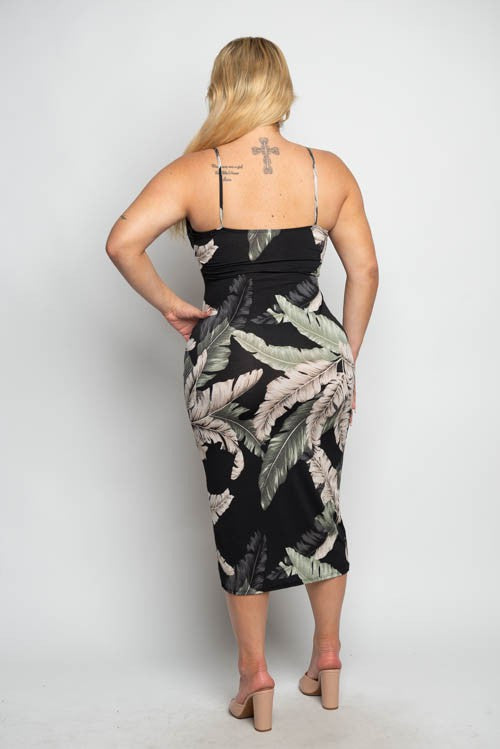 Plus Size Tropical Print Slit Midi Bodycon Cami Dress