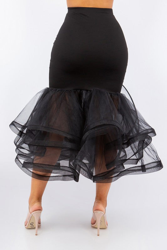 Plus Size Black Solid Tiered Layers Midi Mermaid Skirt