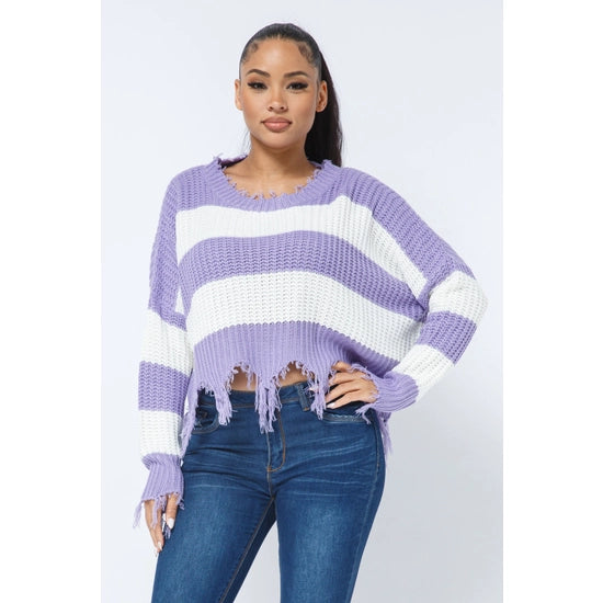 Women's Stripe Knit Distressed Cozy Sweater