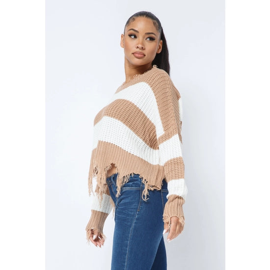 Women's Stripe Knit Distressed Cozy Sweater