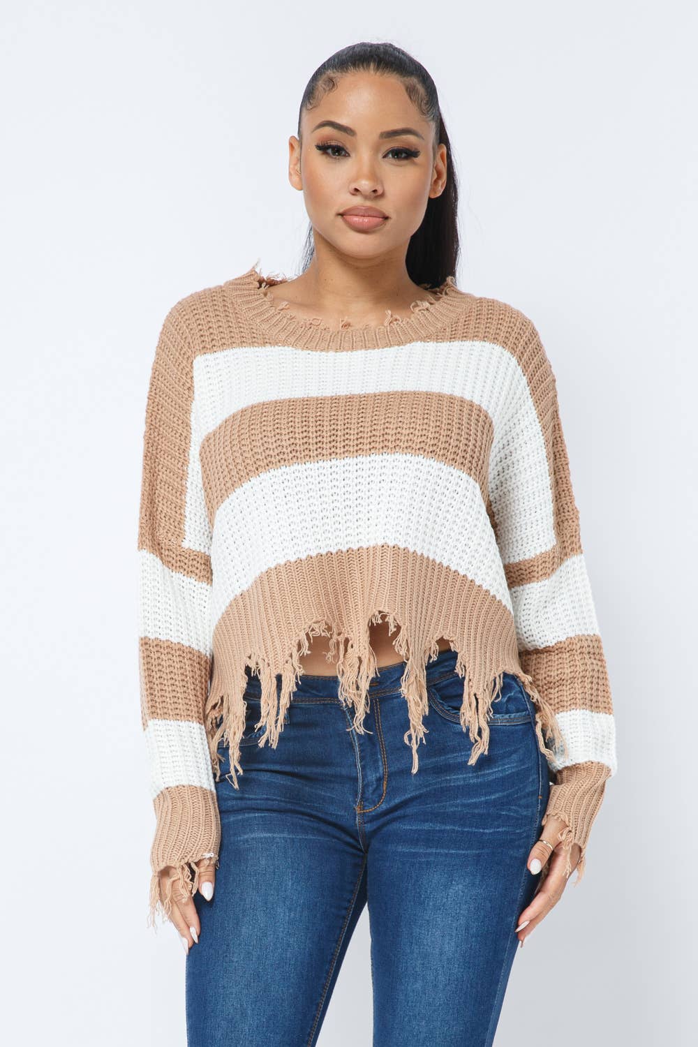 Women's Stripe Knit Distressed Cozy Sweater