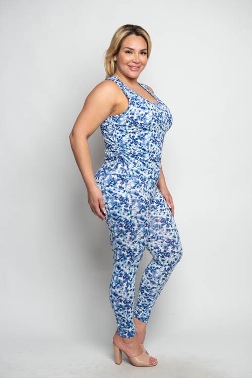 Plus Size Floral Print Ruched Tank Top and Legging Set