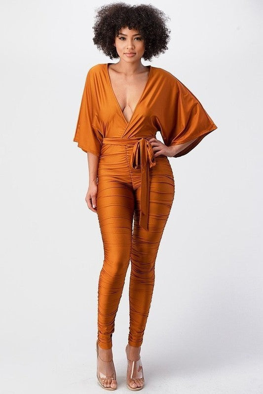 Women's V-neck Tie Shiny Jumpsuit