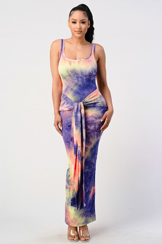 Women's Sleeveless Tie Dye Maxi Dress with Split