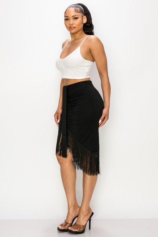 Women's Ruched Draped Fitted Fringe Hem Pencil Skirt