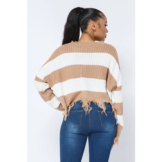 Women's Stripe Knit Distressed Cozy Sweater