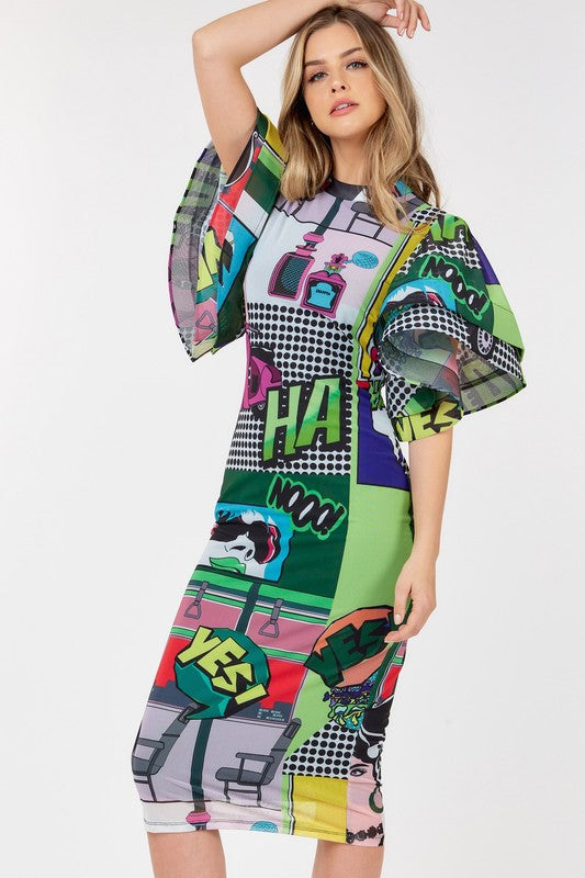 Women's HaHa Print Short Sleeve Bodycon Midi Dress