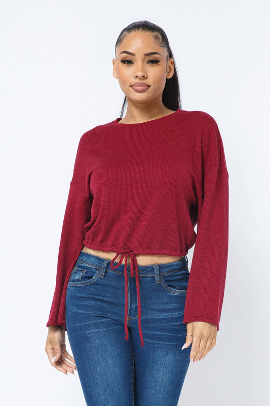 Women's Poly Hacci Drawstring Bell Sleeve Top