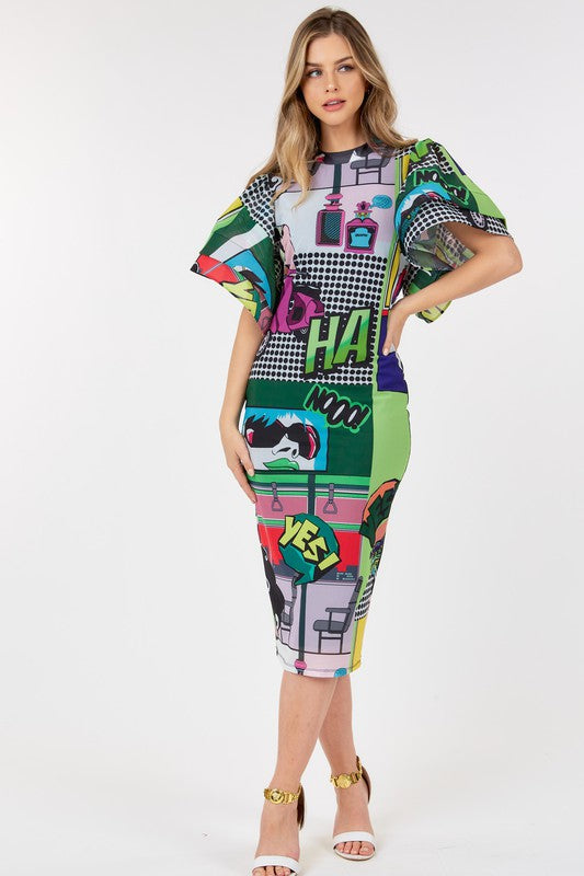 Women's HaHa Print Short Sleeve Bodycon Midi Dress