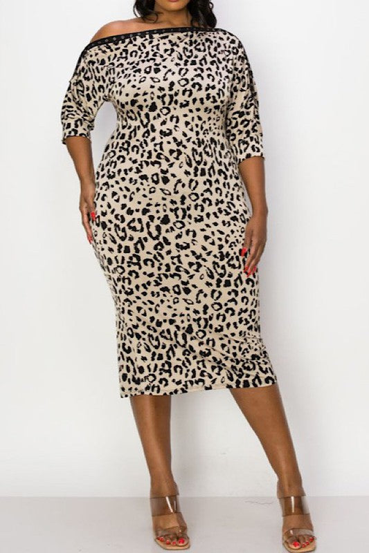 Plus Size Leopard Print Off Shoulder Midi Dress