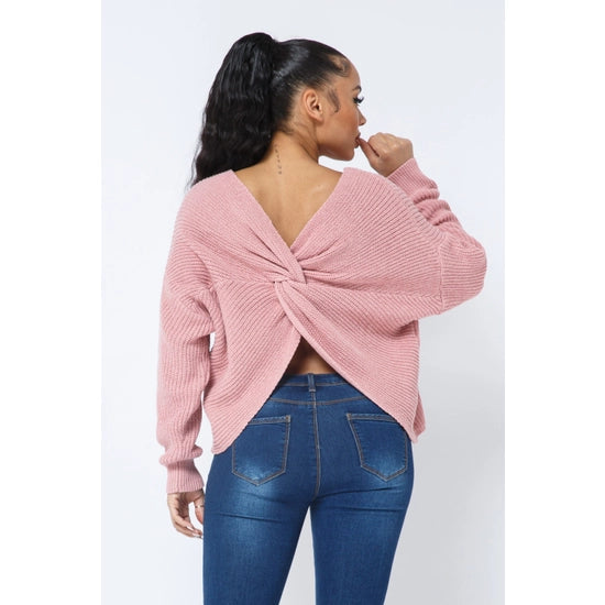 Women's Twist Open Back Loose Fit Long Sleeve Cozy Sweater