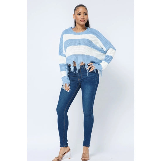 Women's Stripe Knit Distressed Cozy Sweater