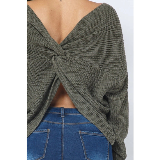 Women's Twist Open Back Loose Fit Long Sleeve Cozy Sweater