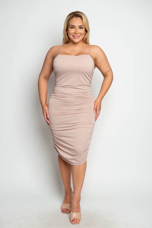 Plus Size Strapless Lurex Ruched Tube Midi Dress