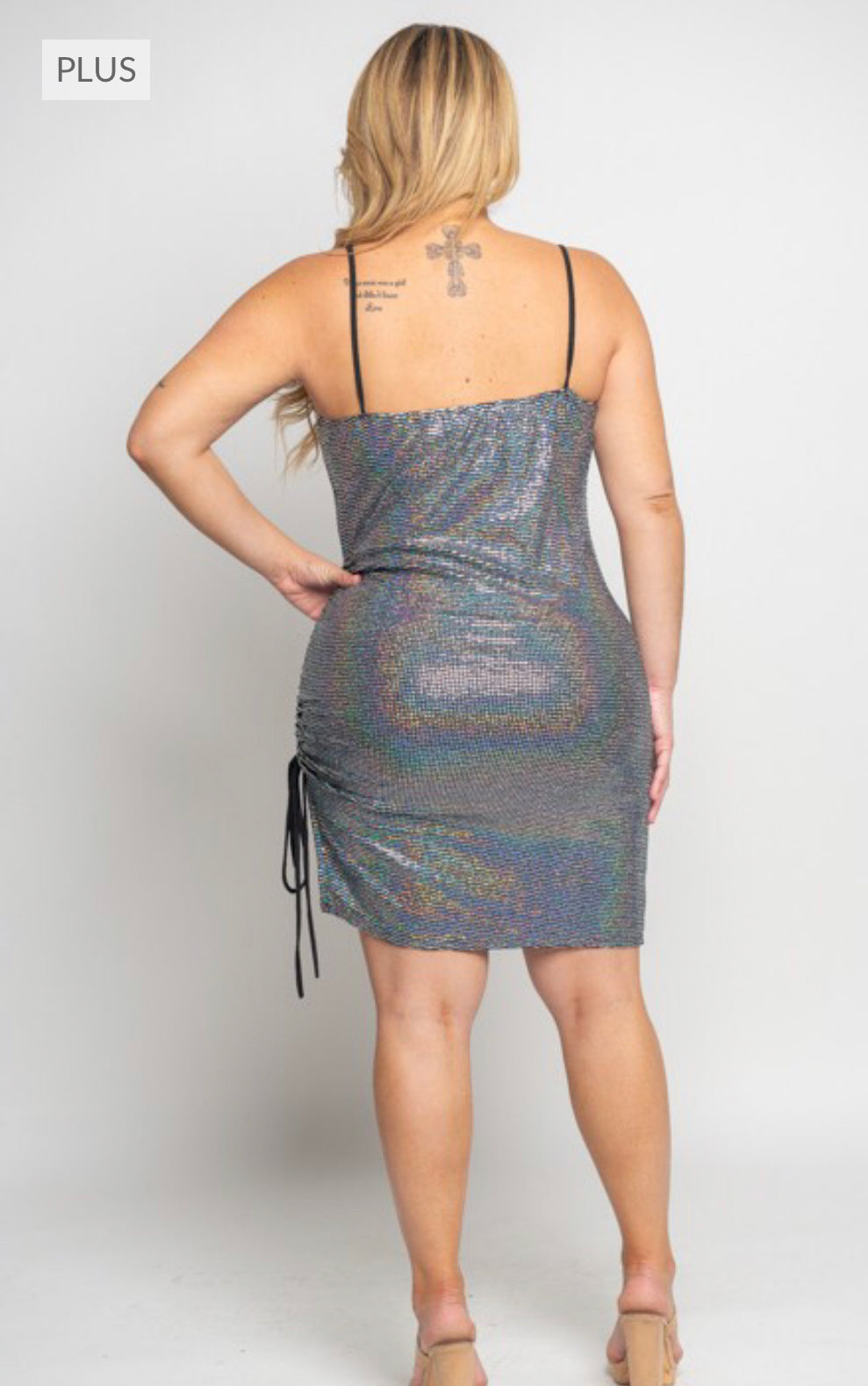 Plus Size Sliver Glitter Spaghetti Strap Midi Ruched Side Dress