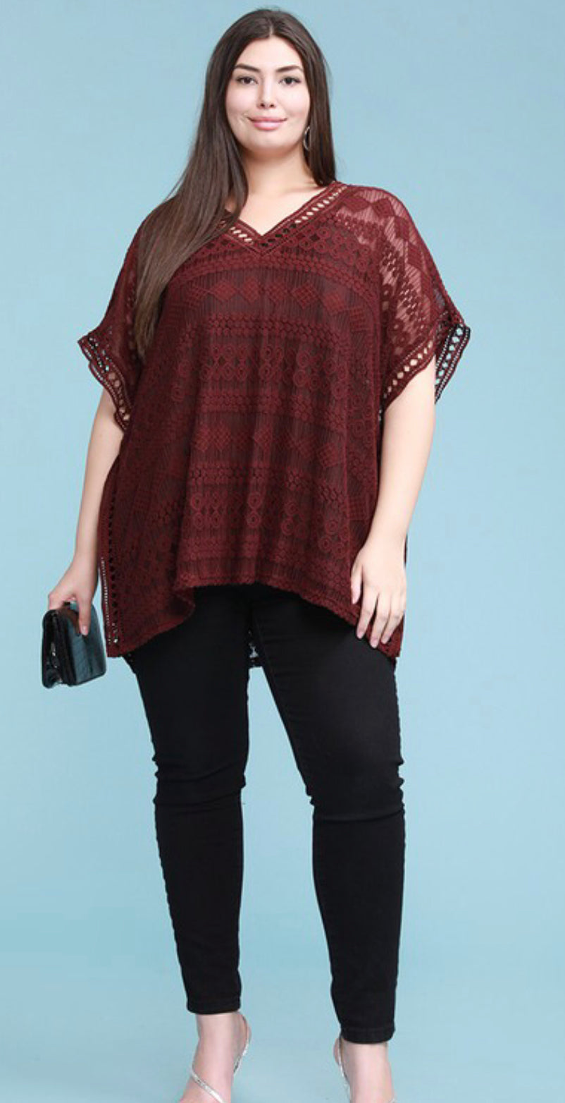 Plus Size Wine Colored Embroidered Lace Poncho Dressy Top