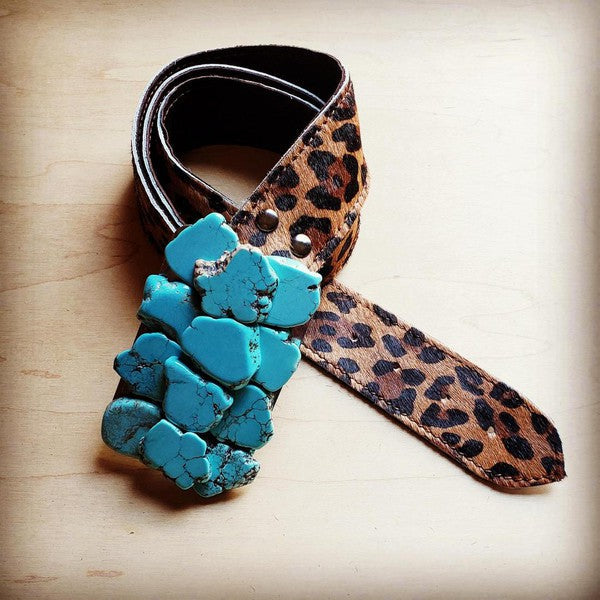 Hair Leopard Leather Belt w/ Turquoise Belt Buckle