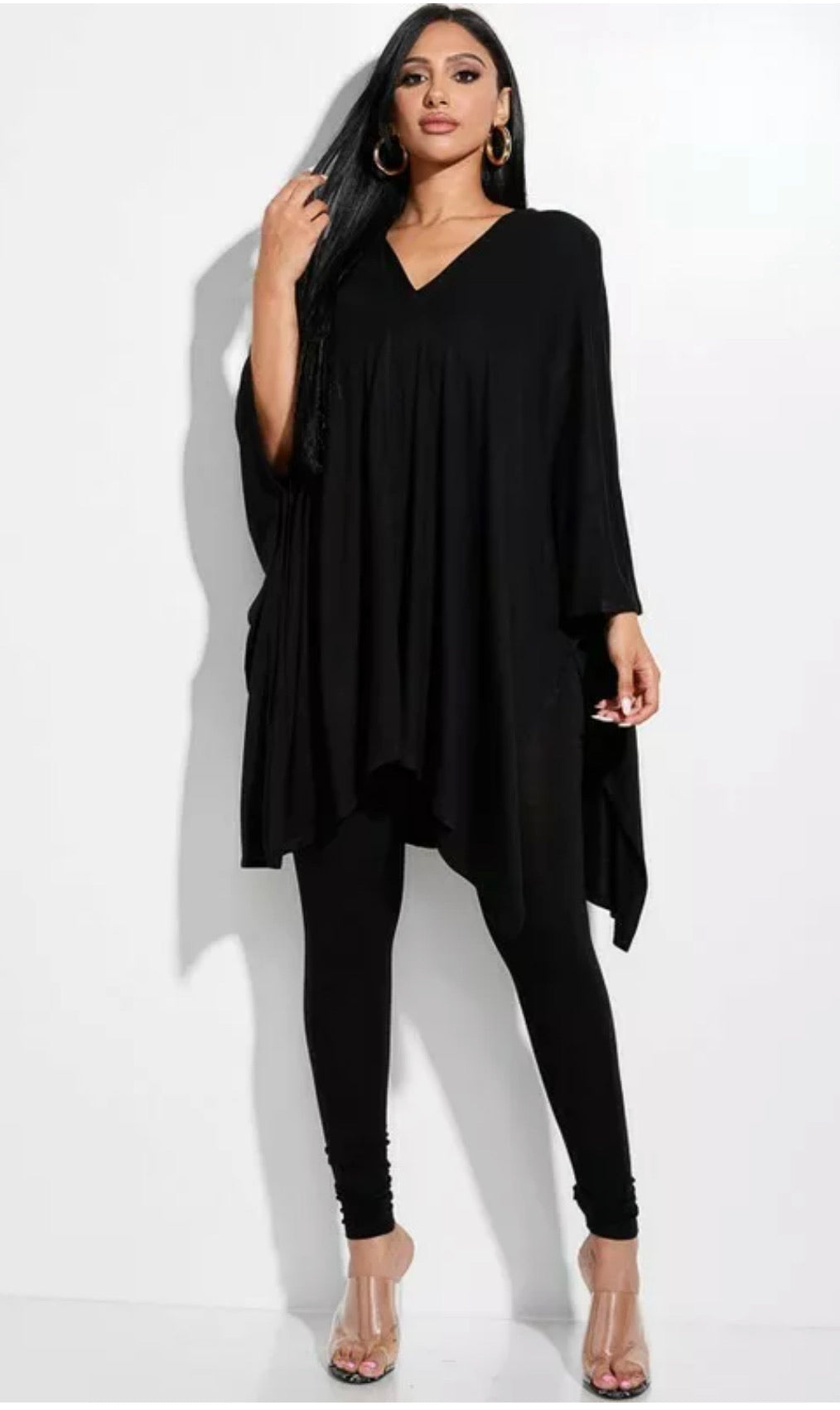 Black Solid Cape Top and Leggings Set