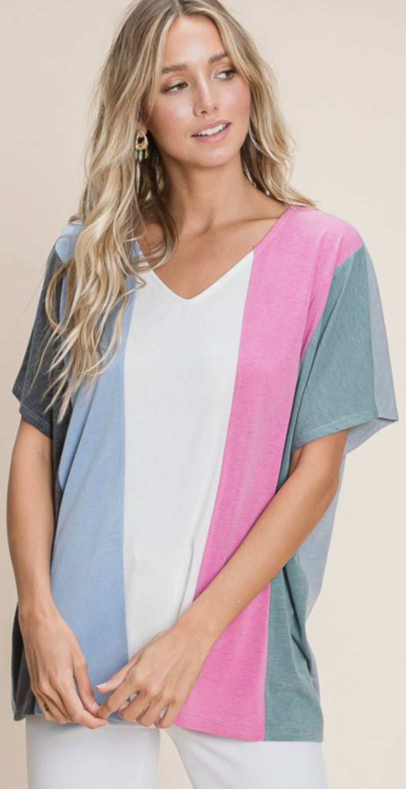Plus Size Striped Color-block Casual Relaxed Fit V Neck Tunic Top
