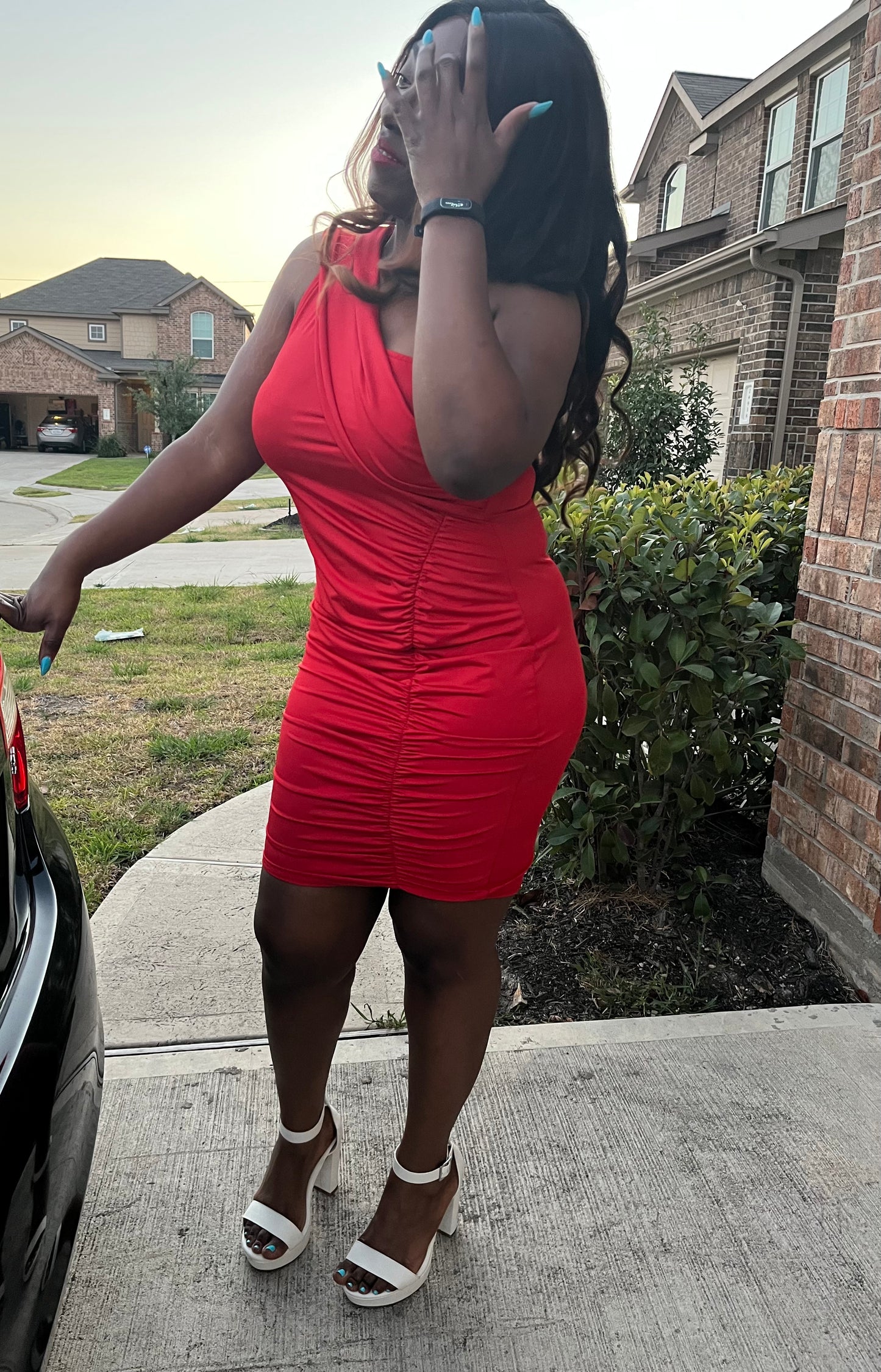 Red Plus Size One Shoulder Ruched Dress