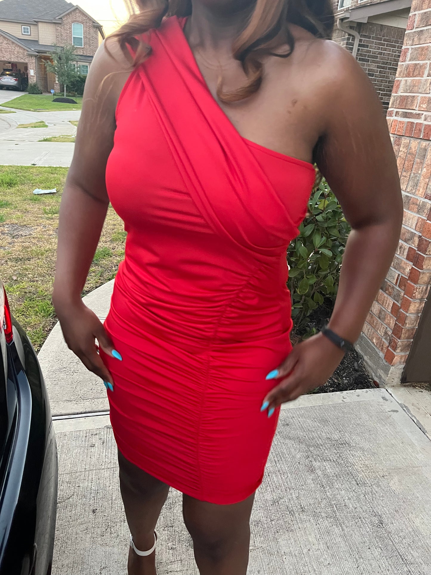 Red Plus Size One Shoulder Ruched Dress